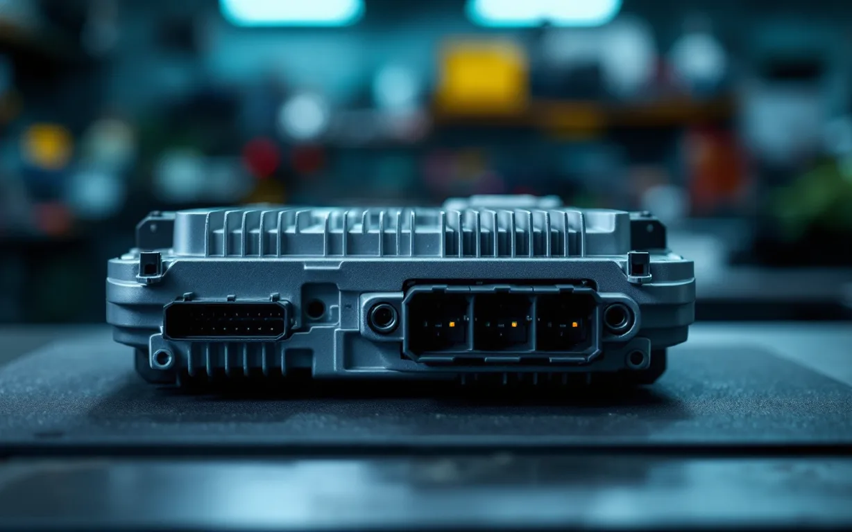 Illustration: a cast-aluminum engine computer with its harness connectors