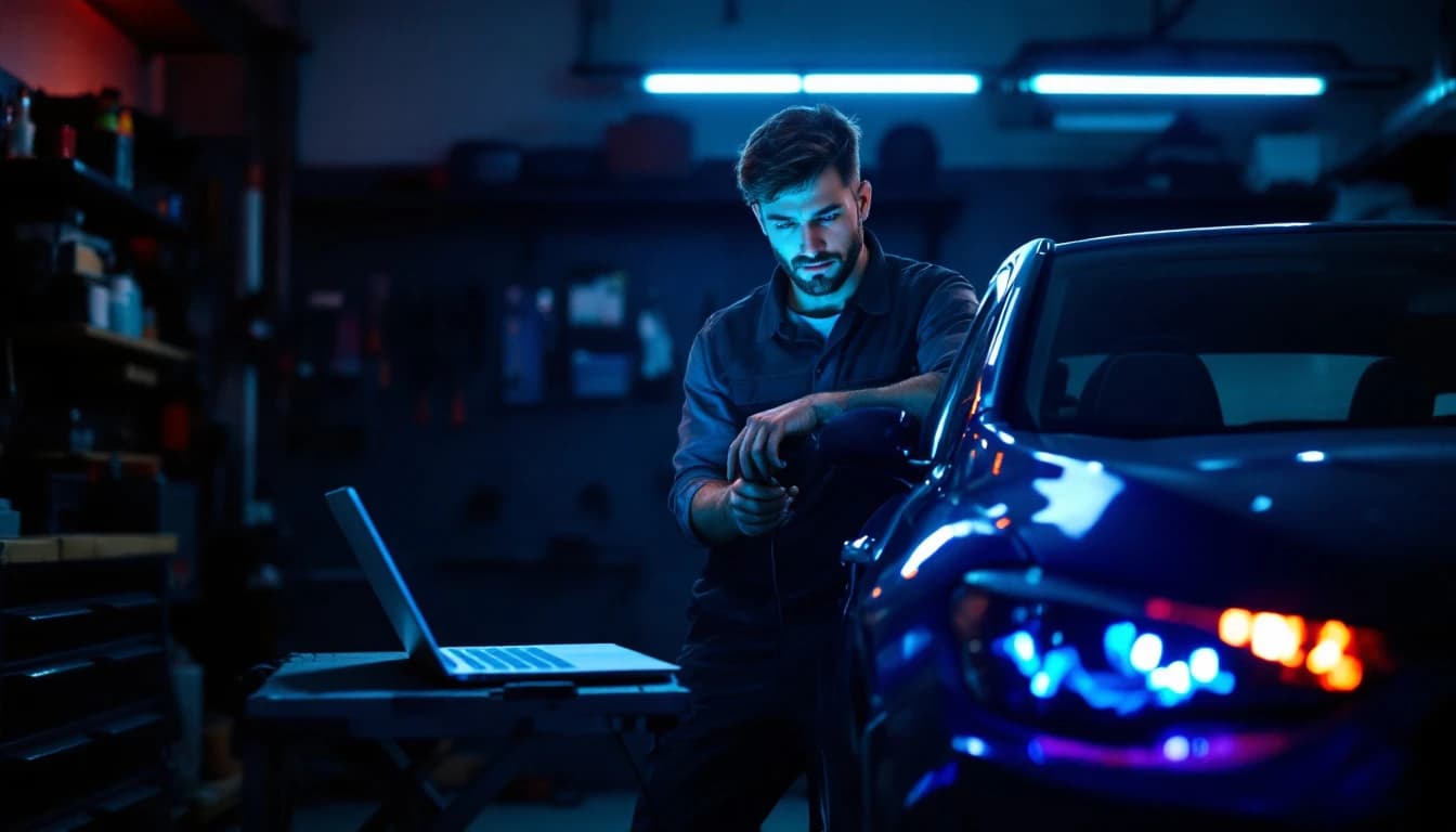 Independent mechanic programming a module with a laptop in a one-bay shop