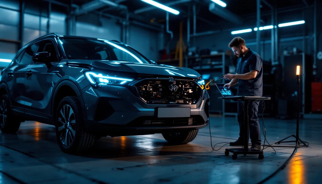 Collision technician connecting a diagnostic laptop to a crossover with the bumper removed
