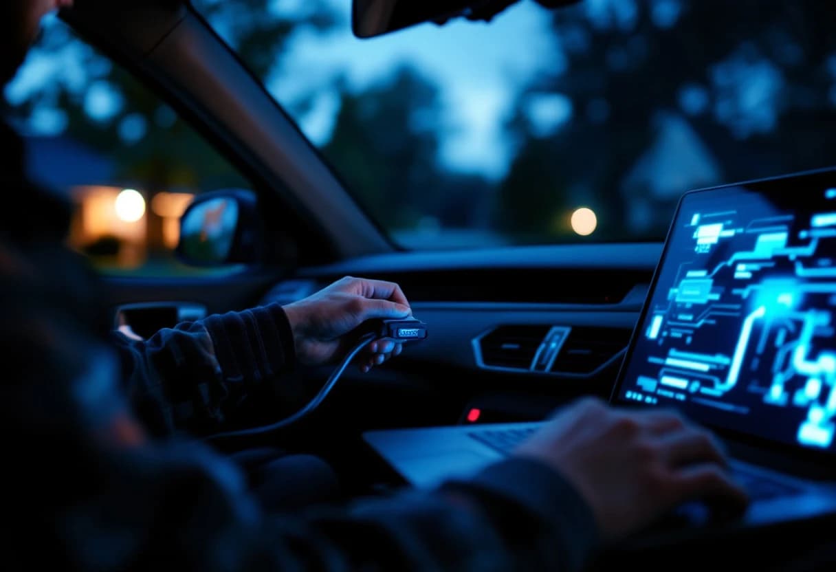 Technician connecting a J2534 programming interface to a vehicle's OBD port, laptop on the seat, during a remote programming session in a driveway