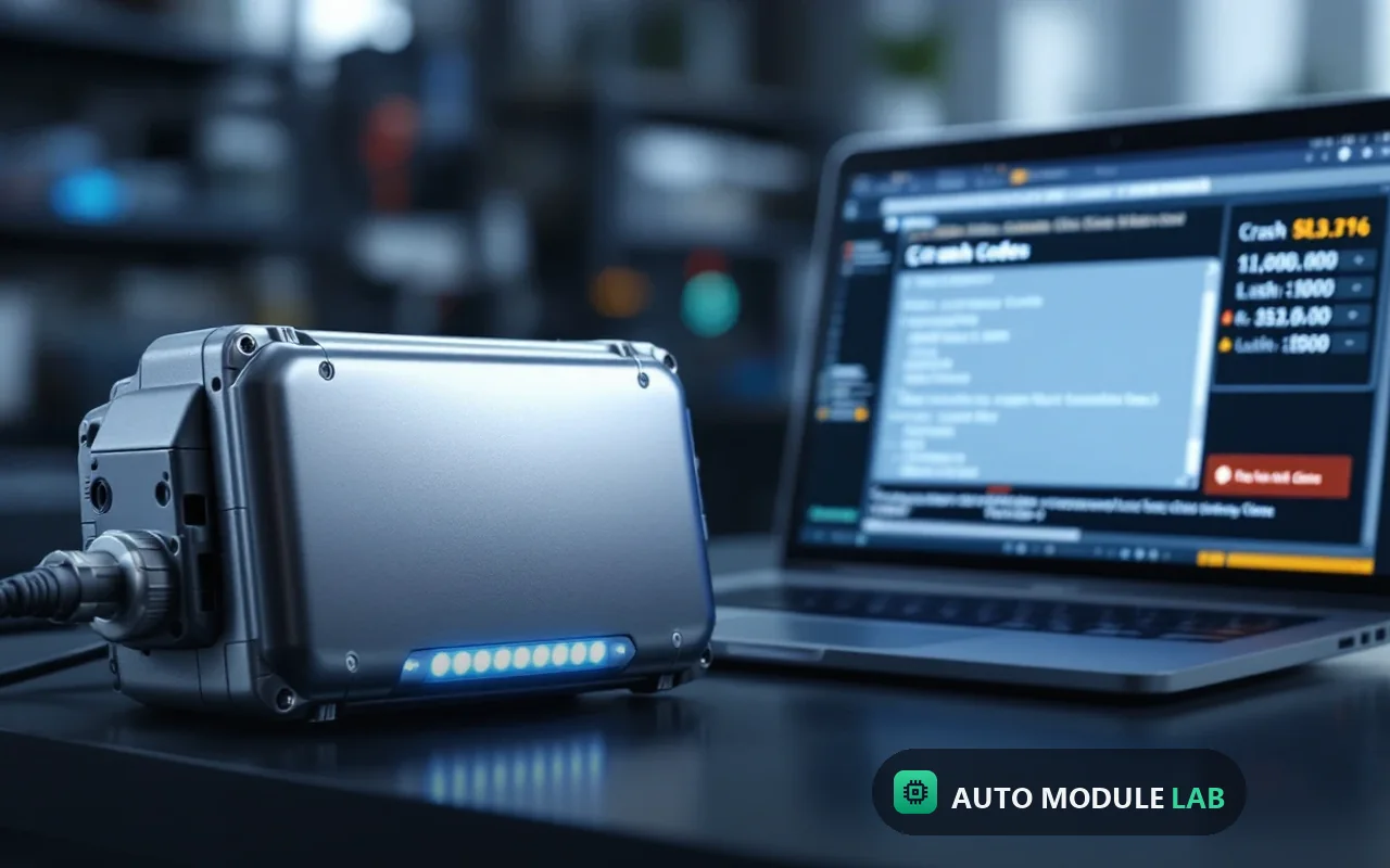 Airbag SRS module next to laptop with diagnostic software