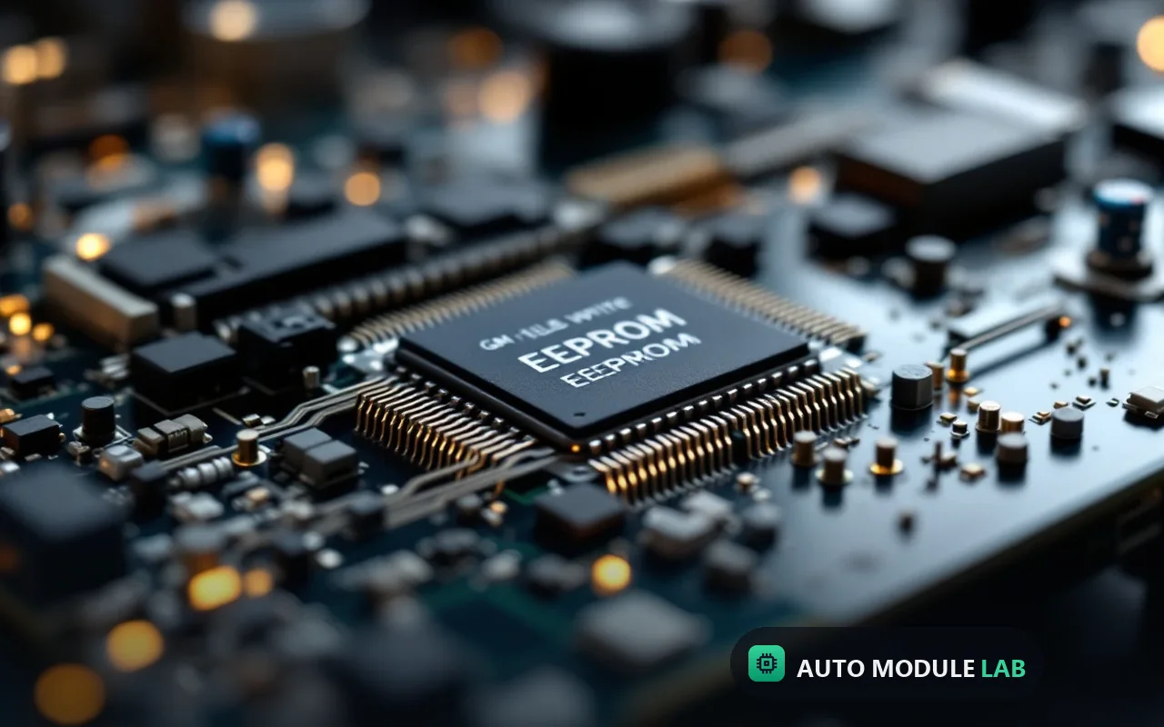 Close-up of GM truck cluster circuit board with EEPROM chip exposed