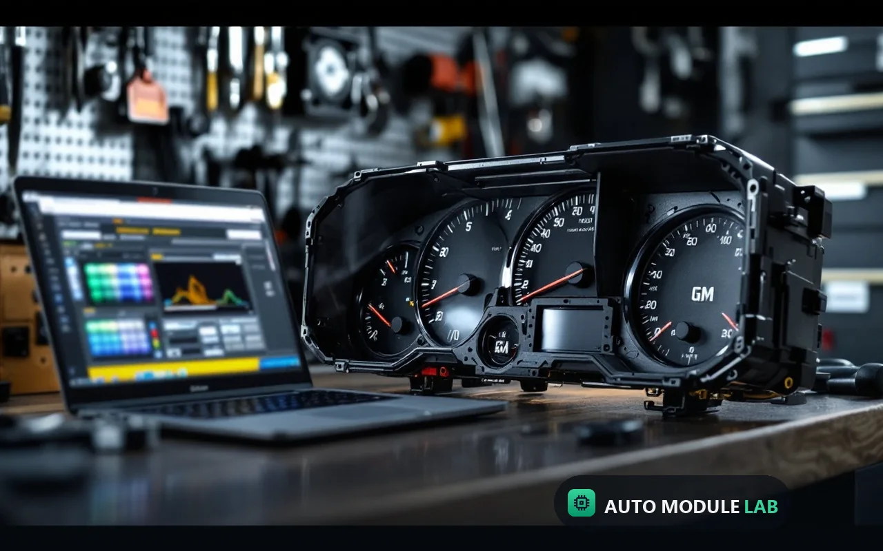 GM truck cluster on workbench beside laptop with programming software