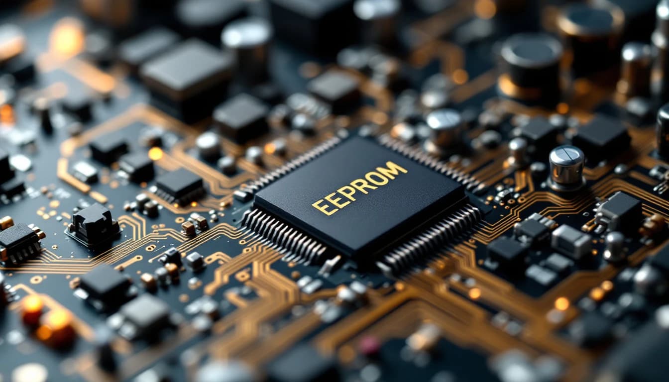 Close-up of an instrument cluster circuit board with EEPROM chip