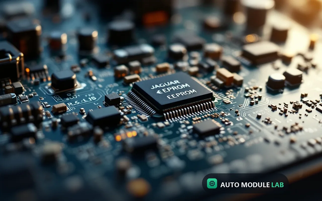 Close-up of Jaguar Land Rover RFA module circuit board with EEPROM
