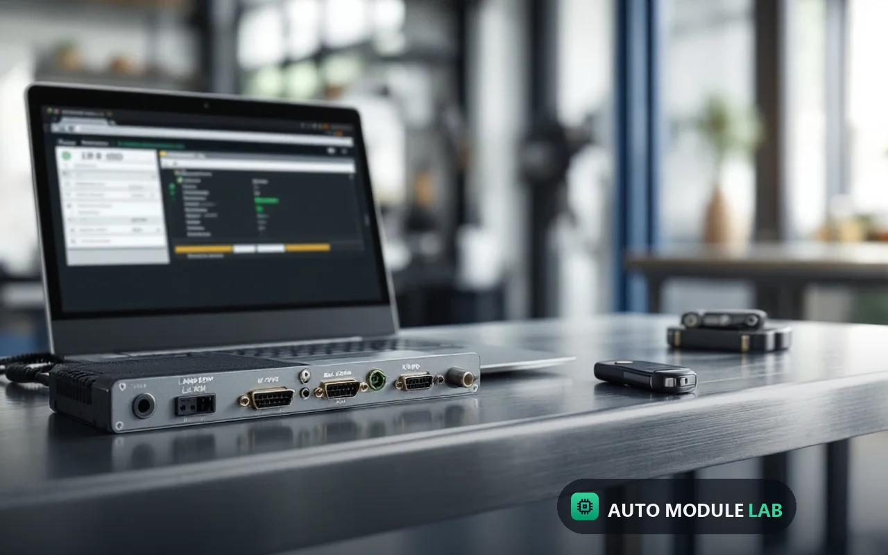 Land Rover KVM module beside laptop with JLR SDD software and key fob
