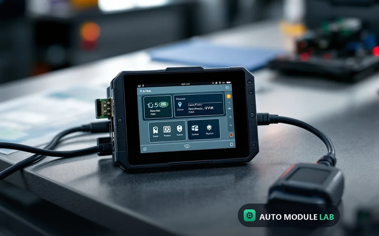 Land Rover KVM module on bench with JLR Pathfinder cable connected
