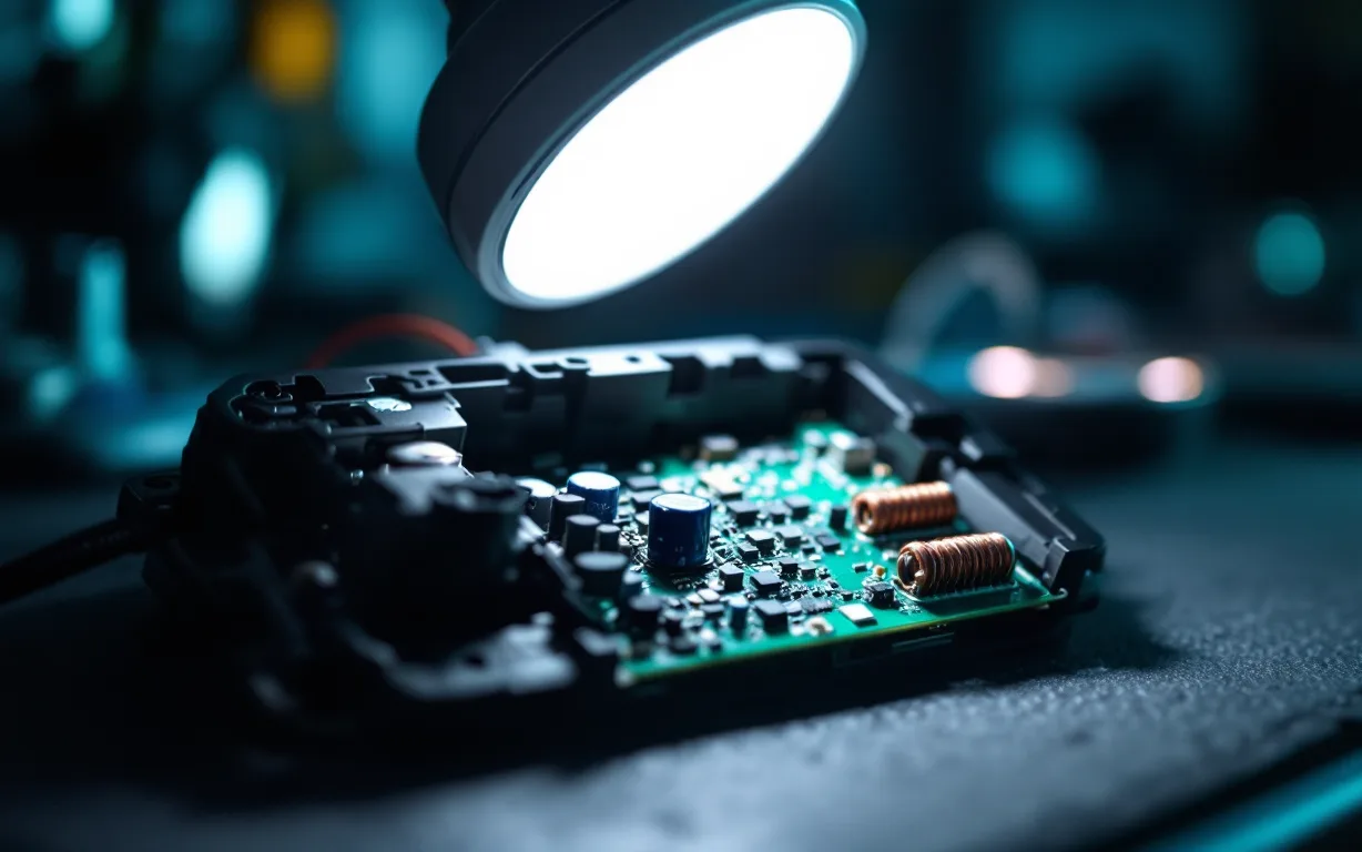 Illustration: an opened ABS control module under a magnifier lamp