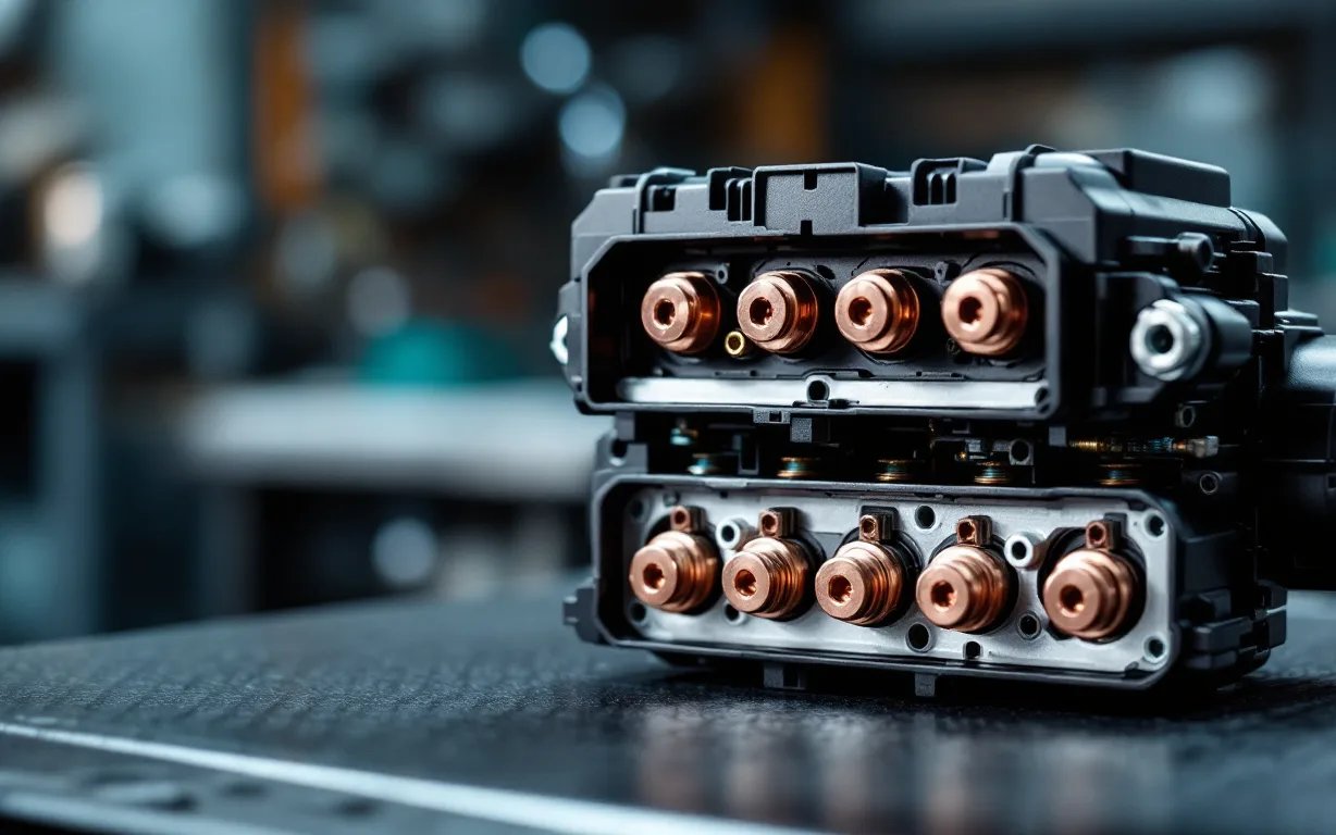 Illustration: an ABS control module with its solenoid coil sockets facing up on a bench mat