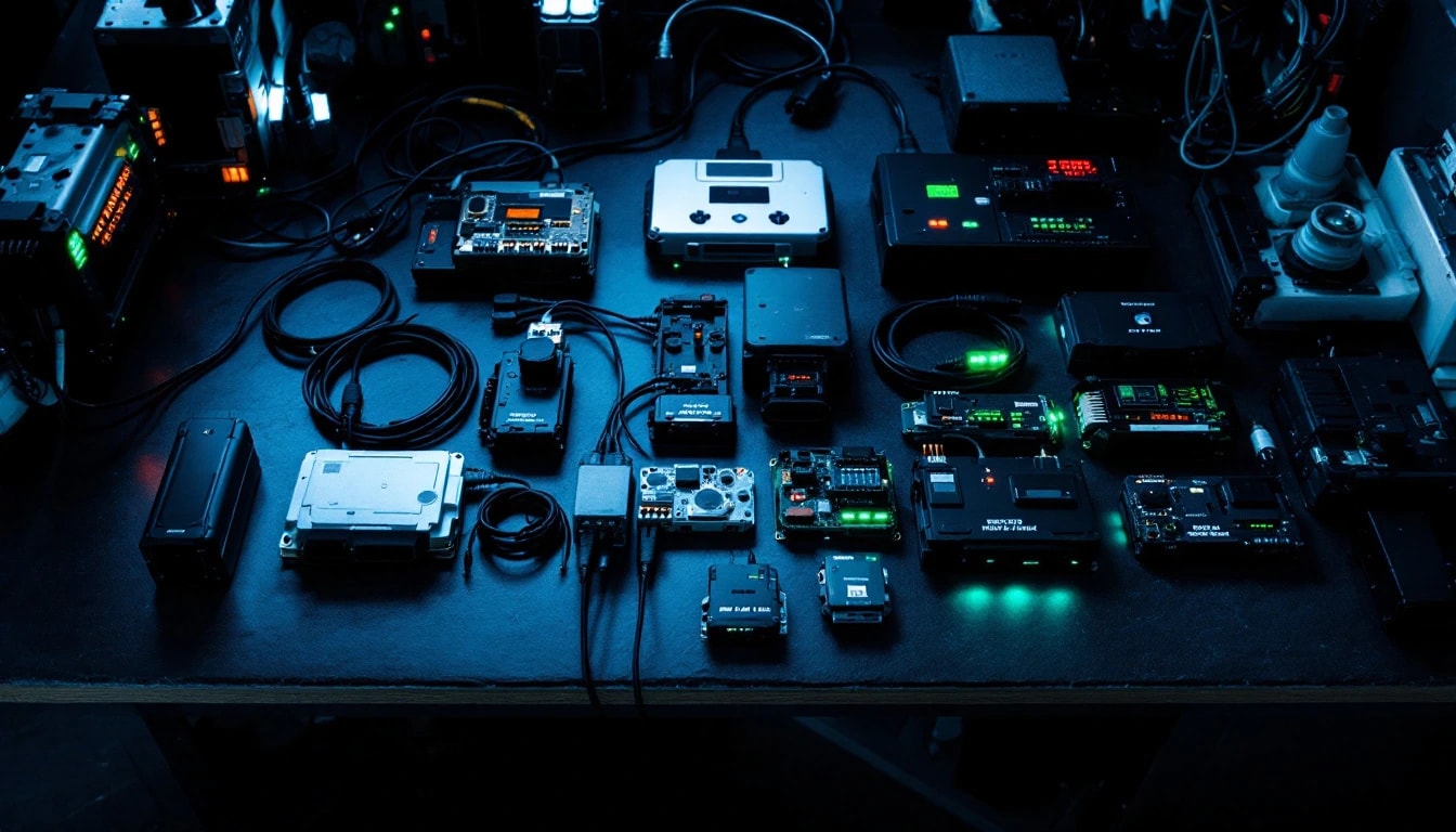 Array of programmed automotive modules on the Auto Module Lab workbench