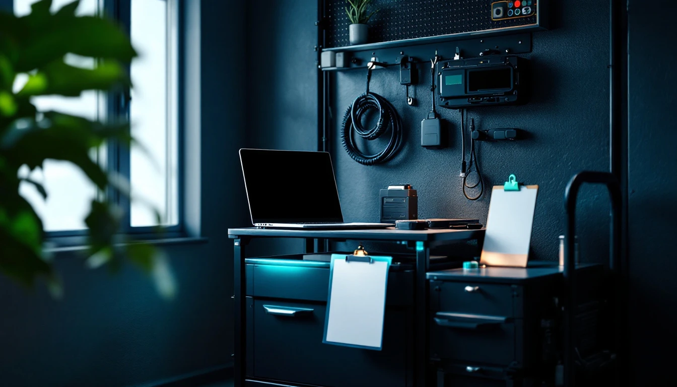 J2534 interface and laptop set up as a permanent programming station in a repair shop